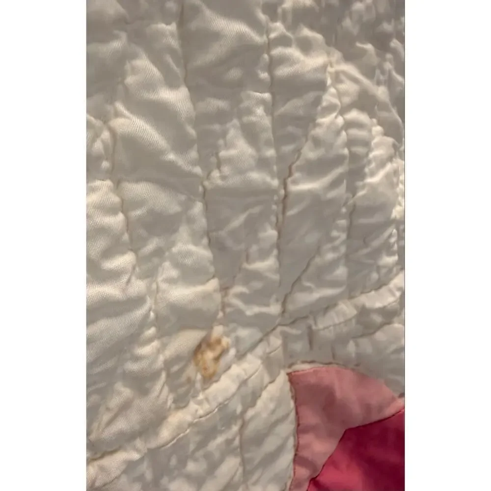 Vintage Handmade Pink Tulip Applique Quilt Floral White Cotton Bedspread